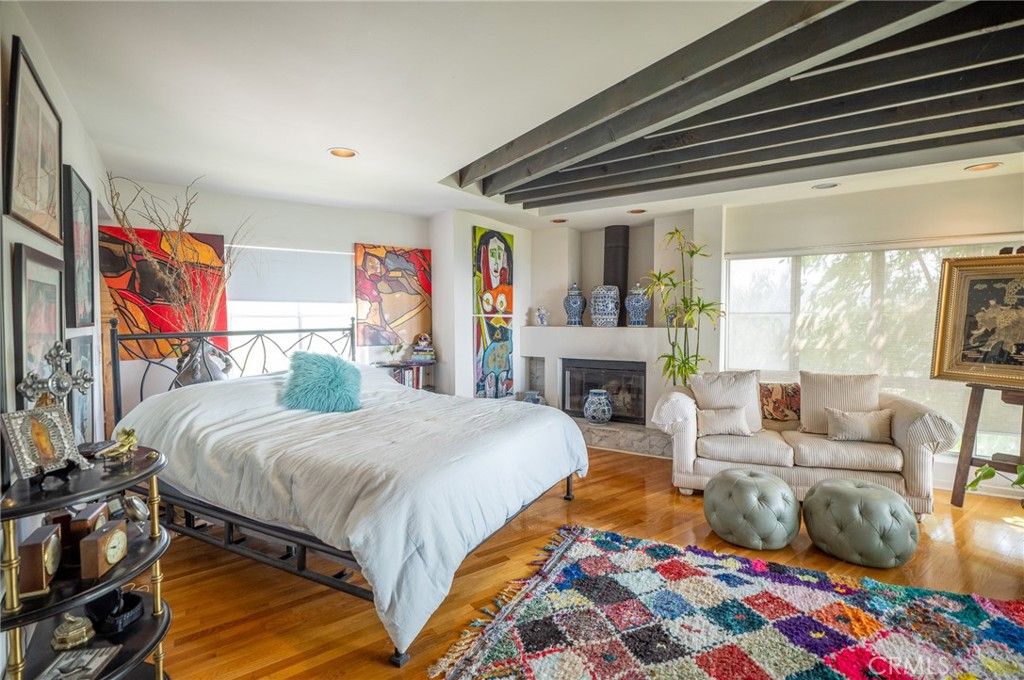 Bedroom, Fireplace, Interior, Recessed Lighting, Wood Texture Flooring