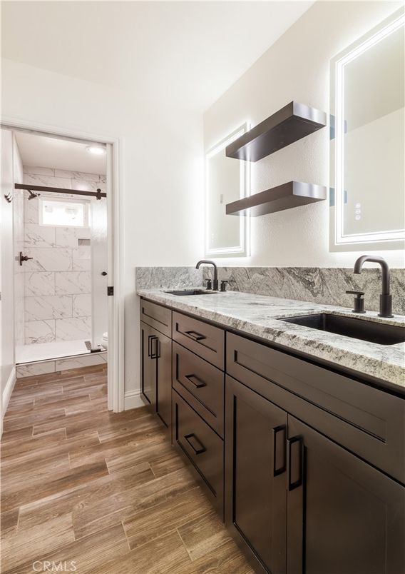 Bathroom, Glass Shower, Interior, Marble Walls, Wood Texture Flooring