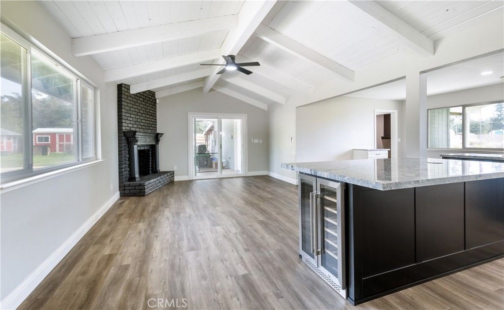 Fireplace, Interior, Recessed Lighting, Stone Walls, Wood Texture Flooring