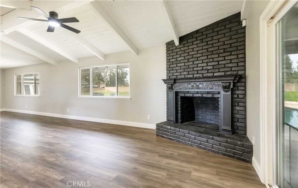 Empty room, Fireplace, Interior, Stone Walls, Wood Texture Flooring
