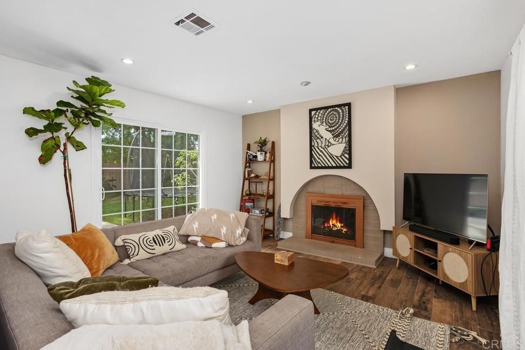 Fireplace, Interior, Living room, Recessed Lighting, Wood Texture Flooring