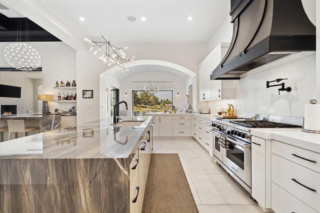 Fireplace, Interior, Kitchen, Pendant Lights, Recessed Lighting, Stainless Steel Appliances