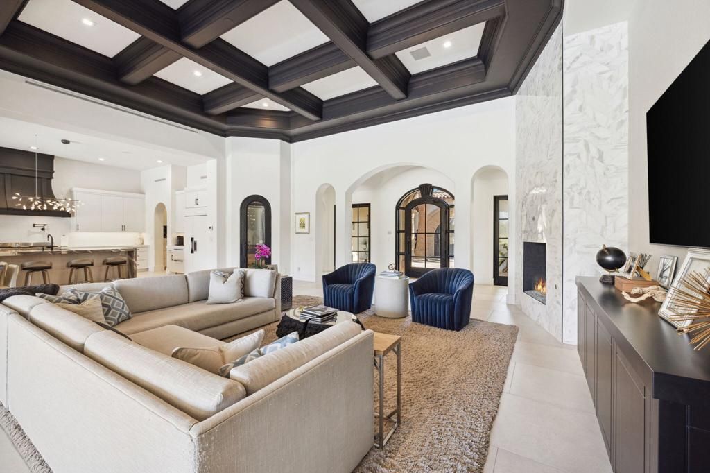 Fireplace, Interior, Kitchen, Living room, Pendant Lights, Recessed Lighting, Wooden Beams