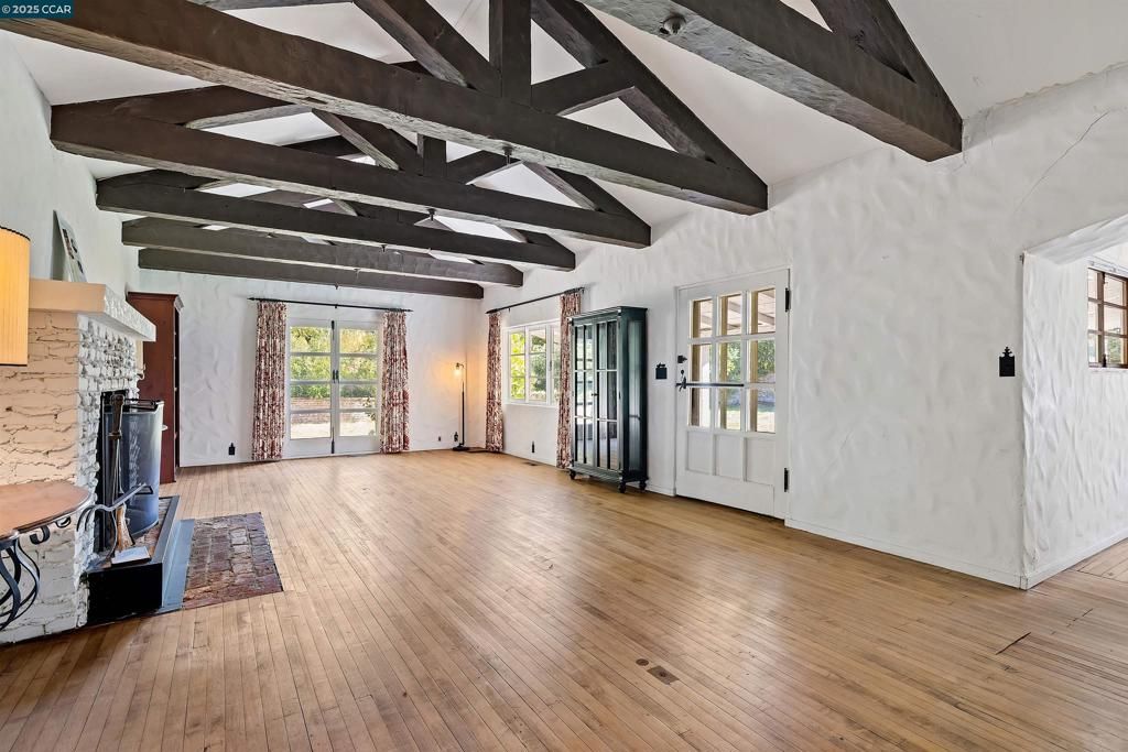 Empty room, Fireplace, Interior, Wooden Beams, Wood Texture Flooring