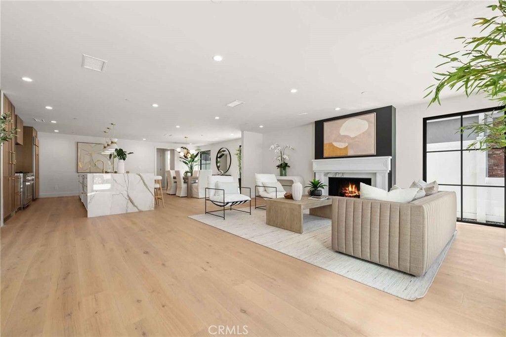 Fireplace, Interior, Kitchen, Living room, Pendant Lights, Recessed Lighting, Wood Texture Flooring