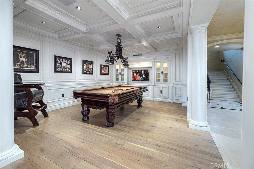 Billiard Table, Game Room, Interior, Pendant Lights, Recessed Lighting, Wood Texture Flooring