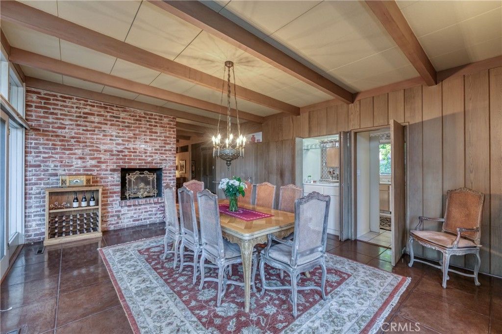 Chandelier, Dining room, Fireplace, Interior, Pendant Lights, Stone Walls, Wooden Beams, Wooden Walls