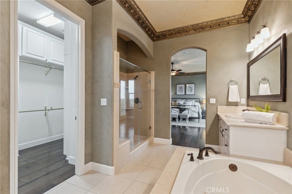 Bathroom, Dual Sink Vanities, Glass Shower, Interior, Wood Texture Flooring