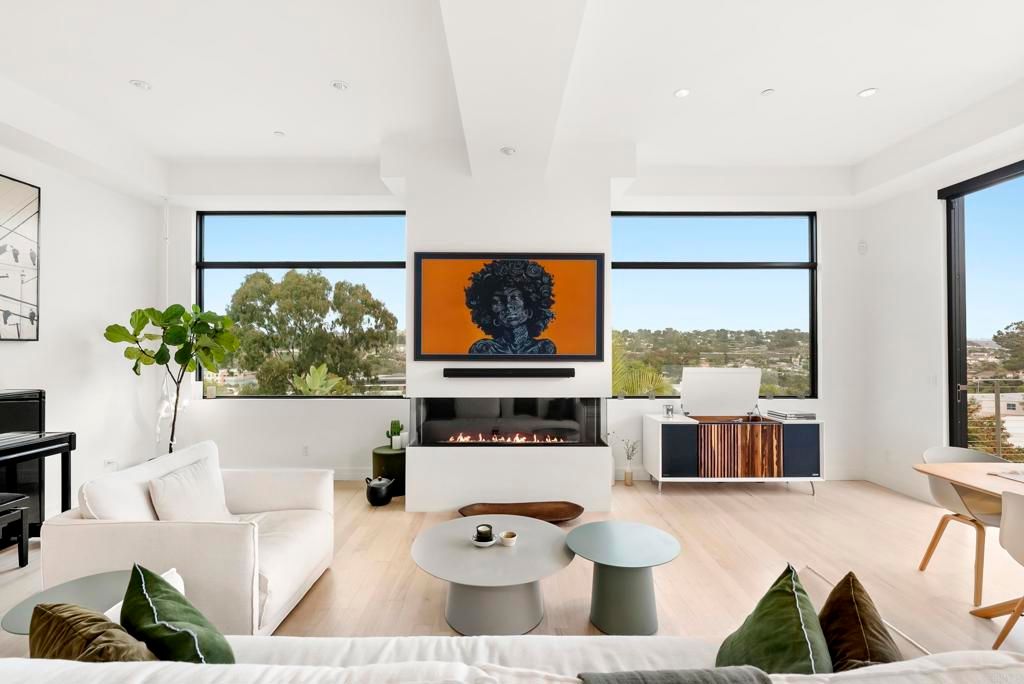 Fireplace, Interior, Living room, Piano, Recessed Lighting, Wood Texture Flooring