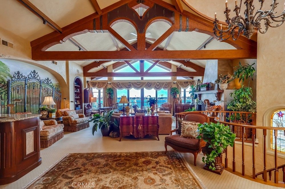 Chandelier, Fireplace, Interior, Living room, Wooden Beams