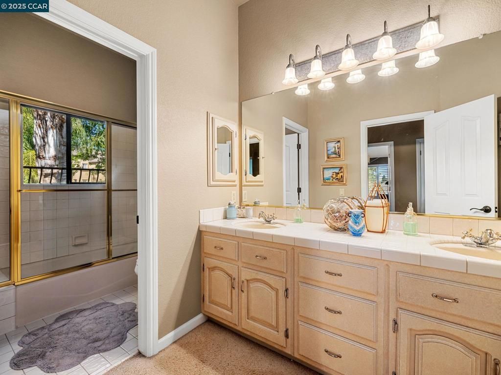 Bathroom, Dual Sink Vanities, Glass Shower, Interior, Tile Countertops