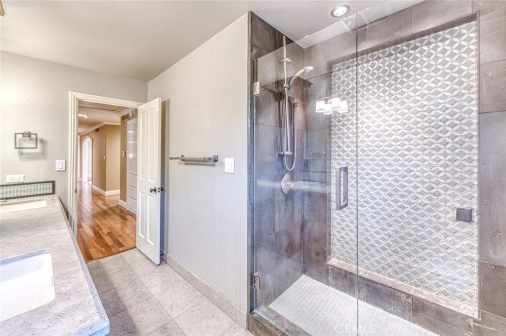 Bathroom, Glass Shower, Interior, Recessed Lighting, Wood Texture Flooring