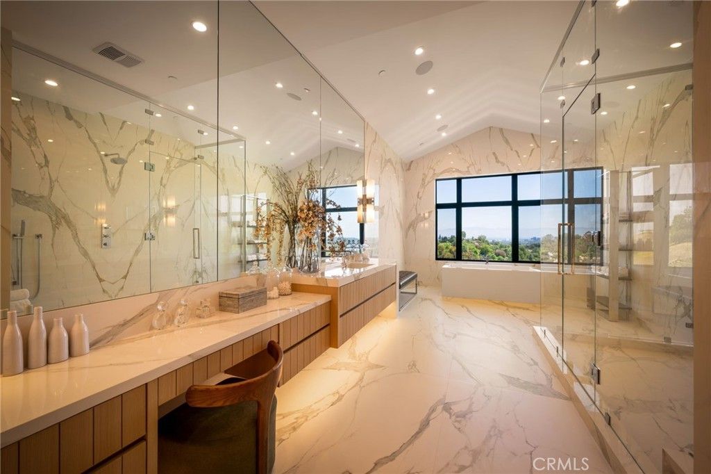 Bathroom, Glass Shower, Interior, Marble, Marble Walls, Recessed Lighting