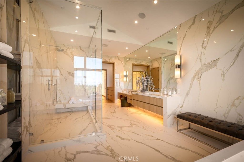Bathroom, Glass Shower, Interior, Marble, Marble Walls, Recessed Lighting