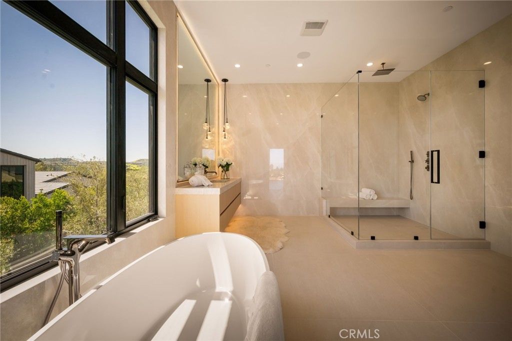 Bathroom, Free Standing Baths, Glass Shower, Interior, Marble Walls, Recessed Lighting