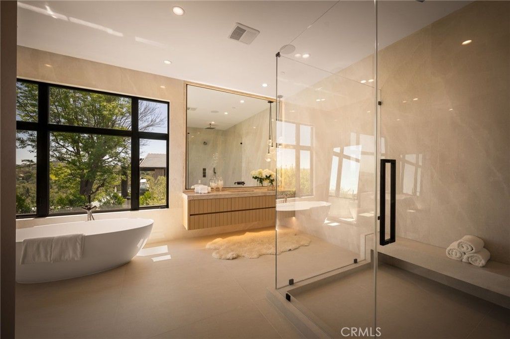 Bathroom, Free Standing Baths, Glass Shower, Interior, Recessed Lighting