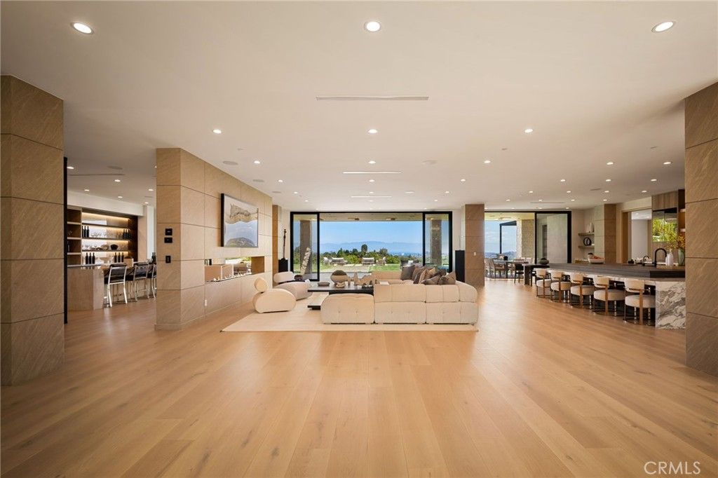 Dining room, Interior, Kitchen, Living room, Recessed Lighting, Water, Wood Texture Flooring