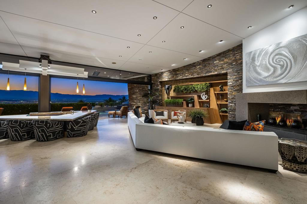 Fireplace, Interior, Living room, Pendant Lights, Recessed Lighting, Stone Walls, Water