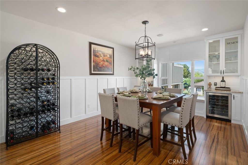 Dining room, Interior, Pendant Lights, Recessed Lighting, Wood Texture Flooring