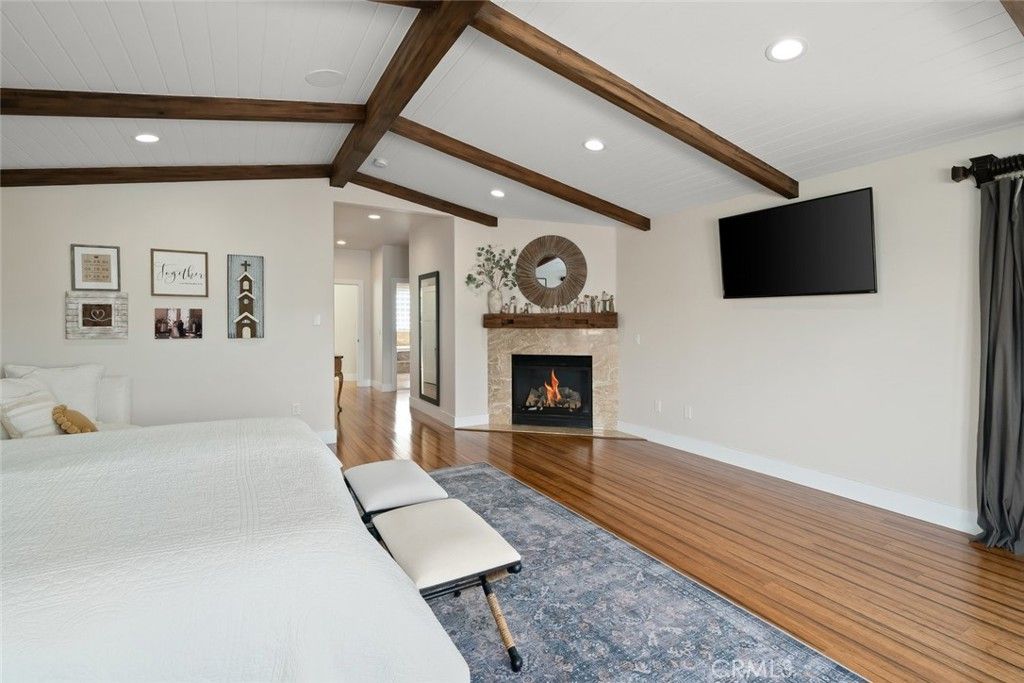 Bedroom, Fireplace, Interior, Recessed Lighting, Wooden Beams, Wood Texture Flooring