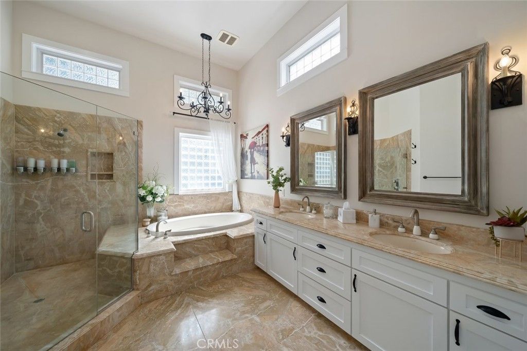 Bathroom, Chandelier, Dual Sink Vanities, Glass Shower, Interior