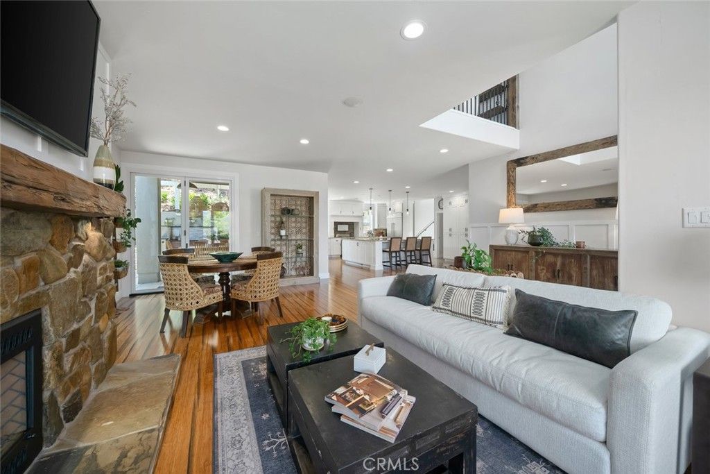 Dining room, Fireplace, Interior, Kitchen, Living room, Pendant Lights, Recessed Lighting, Stone Walls, Wood Texture Flooring