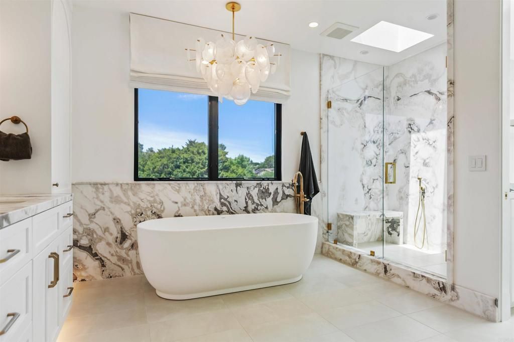 Bathroom, Free Standing Baths, Glass Shower, Interior, Marble Walls, Recessed Lighting