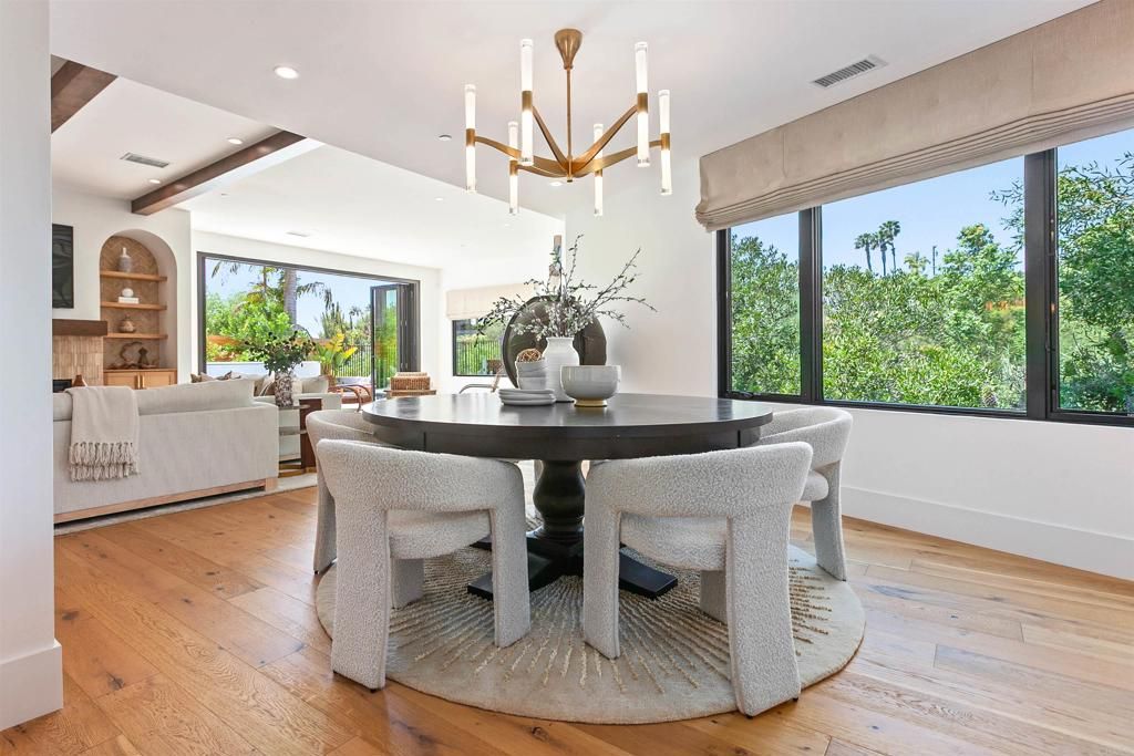 Chandelier, Dining room, Interior, Living room, Recessed Lighting, Wooden Beams, Wood Texture Flooring