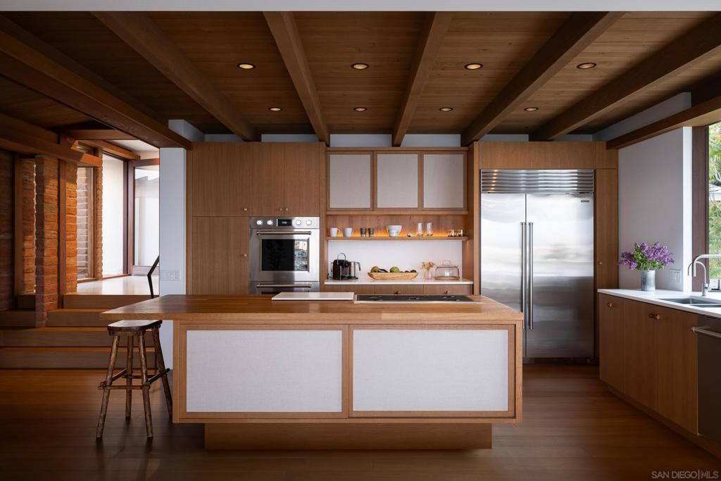 Interior, Kitchen, Recessed Lighting, Stainless Steel Appliances, Wooden Beams, Wooden Ceilings, Wood Texture Flooring