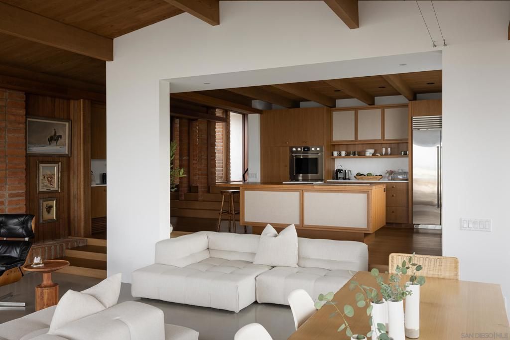 Interior, Kitchen, Living room, Recessed Lighting, Stainless Steel Appliances, Wooden Beams, Wooden Ceilings, Wood Texture Flooring
