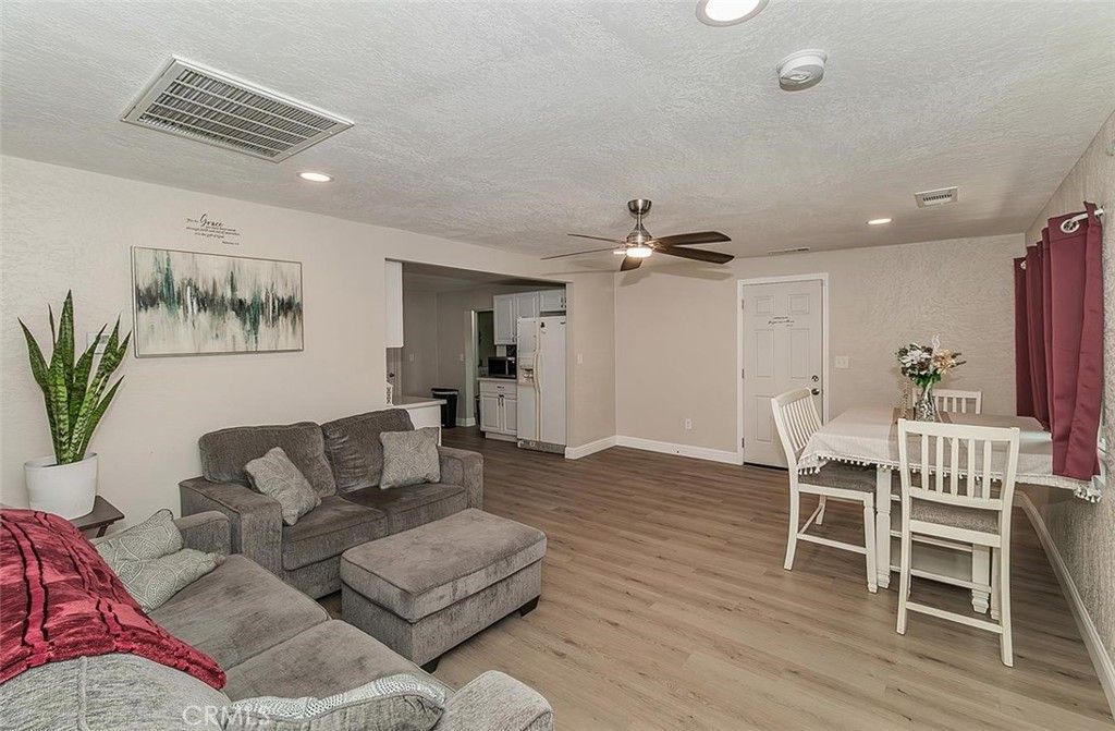 Dining room, Interior, Living room, Recessed Lighting, Wood Texture Flooring