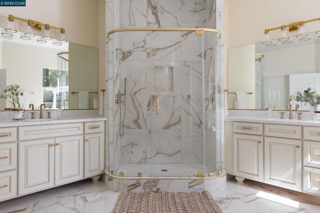 Bathroom, Dual Sink Vanities, Glass Shower, Interior, Marble, Marble Walls