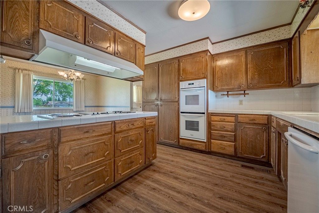 Interior, Kitchen, Tile Countertops, Wood Texture Flooring
