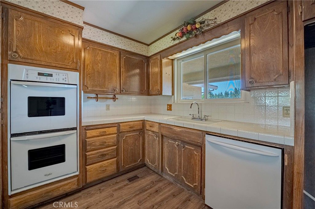 Interior, Kitchen, Tile Countertops, Wood Texture Flooring