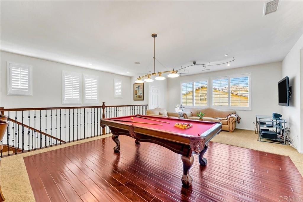 Billiard Table, Game Room, Interior, Pendant Lights, Recessed Lighting, Wood Texture Flooring