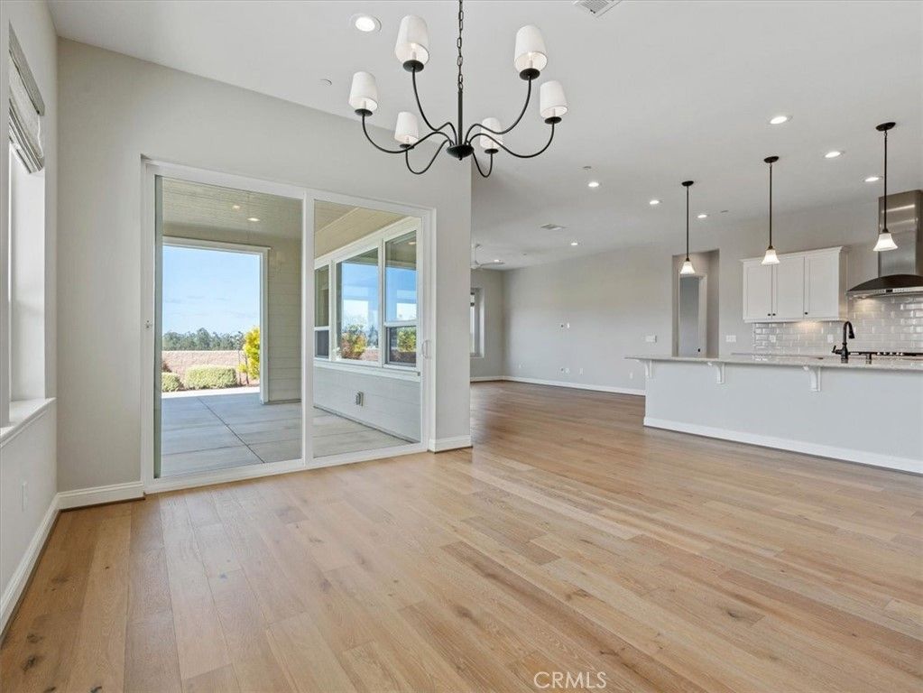 Chandelier, Empty room, Interior, Kitchen, Pendant Lights, Recessed Lighting, Wood Texture Flooring