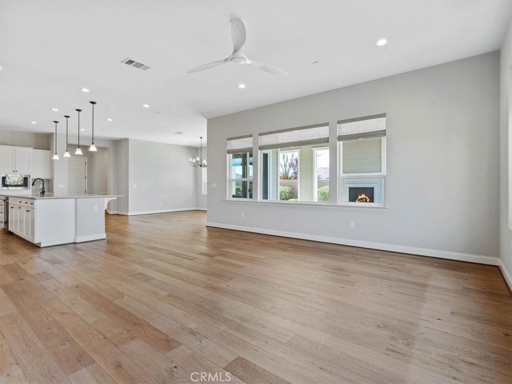 Chandelier, Empty room, Interior, Kitchen, Pendant Lights, Recessed Lighting, Wood Texture Flooring