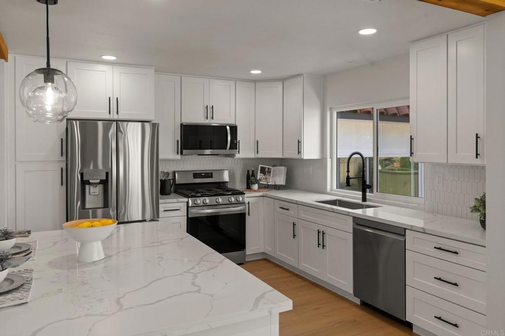 Interior, Kitchen, Pendant Lights, Recessed Lighting, Stainless Steel Appliances, Wood Texture Flooring