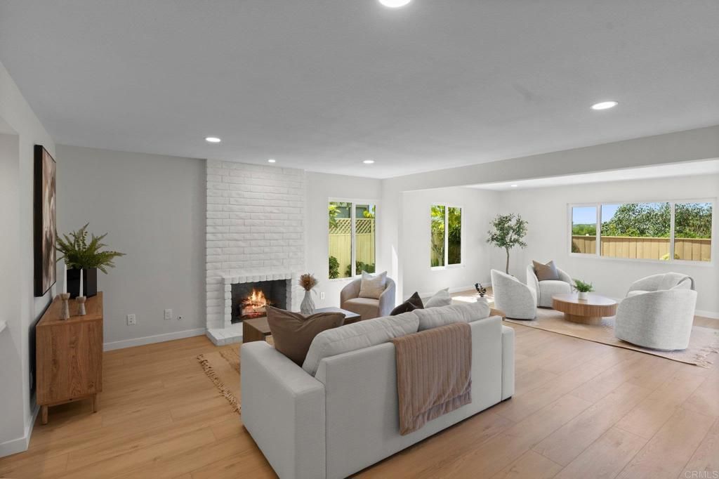 Fireplace, Interior, Living room, Recessed Lighting, Stone Walls, Wood Texture Flooring