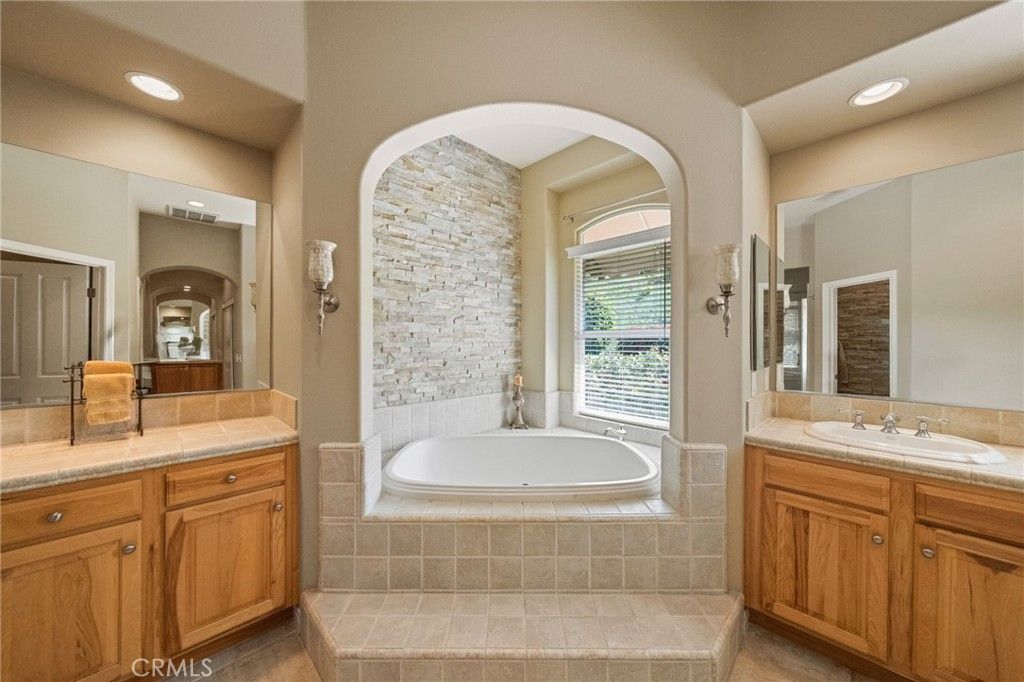 Bathroom, Dual Sink Vanities, Interior, Recessed Lighting, Tile Countertops