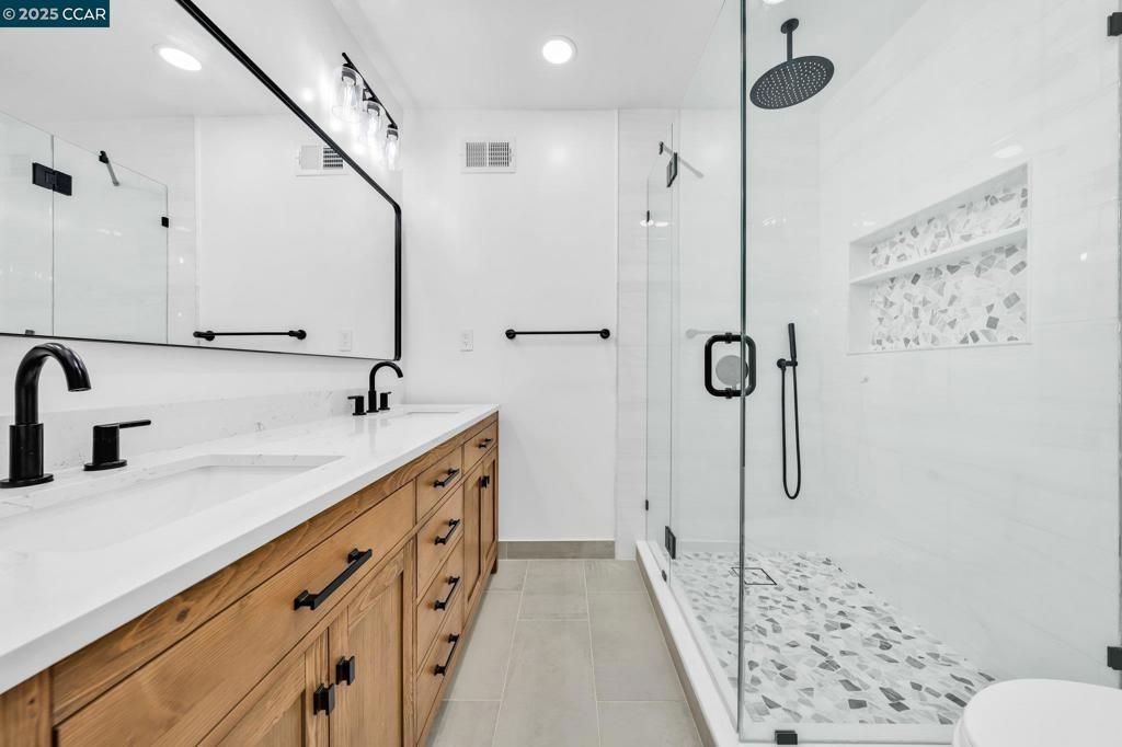 Bathroom, Dual Sink Vanities, Glass Shower, Interior, Recessed Lighting