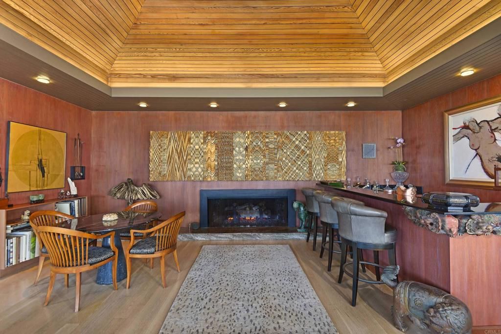 Dining room, Fireplace, Interior, Recessed Lighting, Wooden Ceilings, Wood Texture Flooring, Wooden Walls