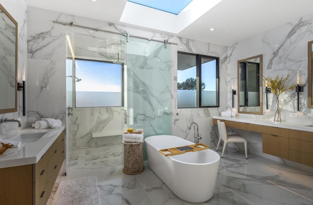 Bathroom, Dual Sink Vanities, Free Standing Baths, Glass Shower, Interior, Marble, Marble Walls, Recessed Lighting