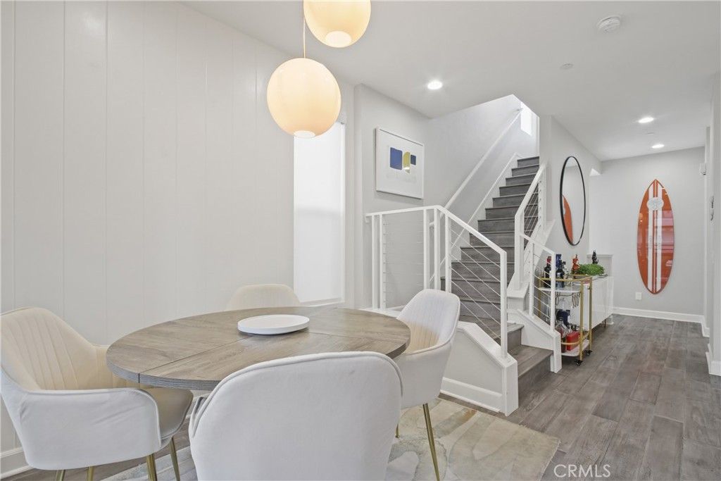 Dining room, Interior, Pendant Lights, Recessed Lighting, Wood Texture Flooring