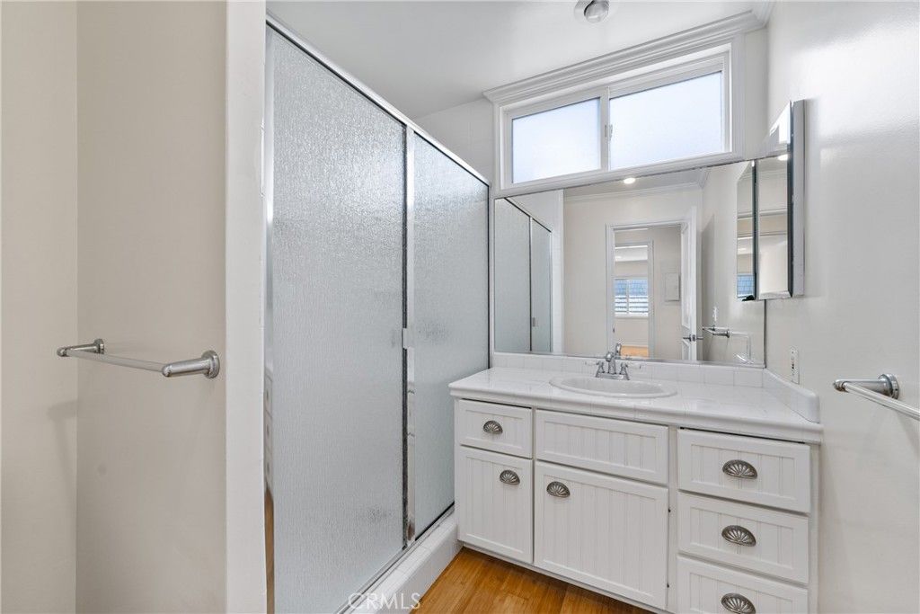 Bathroom, Glass Shower, Interior, Recessed Lighting, Wood Texture Flooring