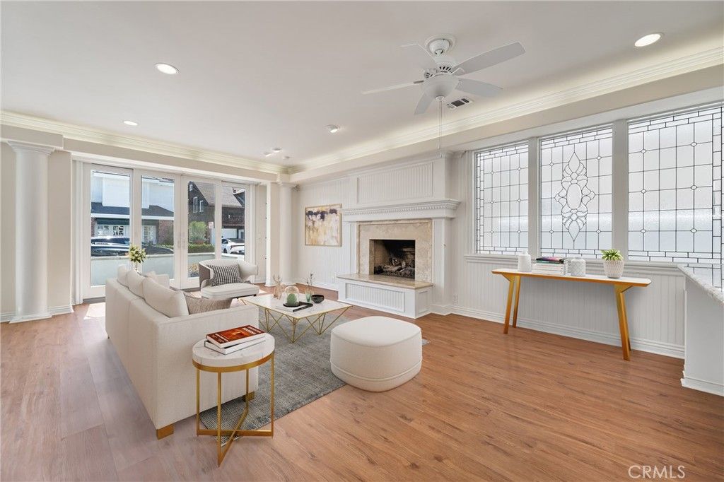 Fireplace, Interior, Living room, Recessed Lighting, Wood Texture Flooring