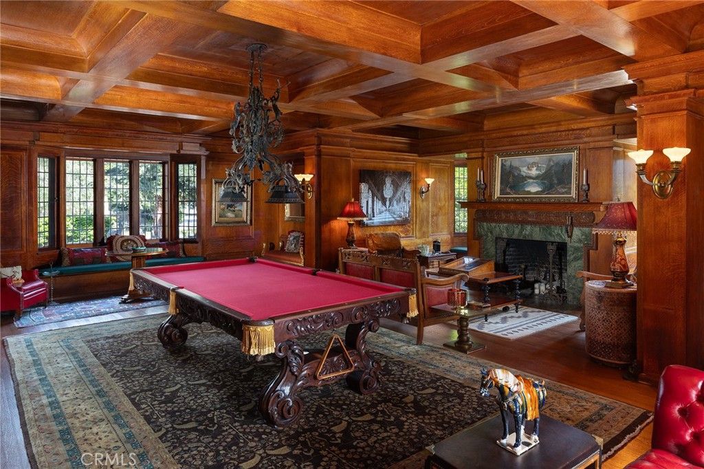 Billiard Table, Chandelier, Fireplace, Game Room, Interior, Wooden Beams, Wooden Ceilings, Wooden Walls