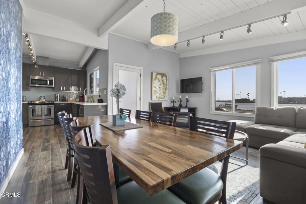 Dining room, Interior, Kitchen, Living room, Pendant Lights, Stainless Steel Appliances, Wood Texture Flooring