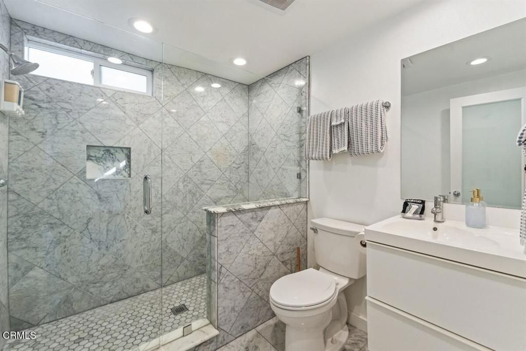 Bathroom, Glass Shower, Interior, Marble Walls, Recessed Lighting