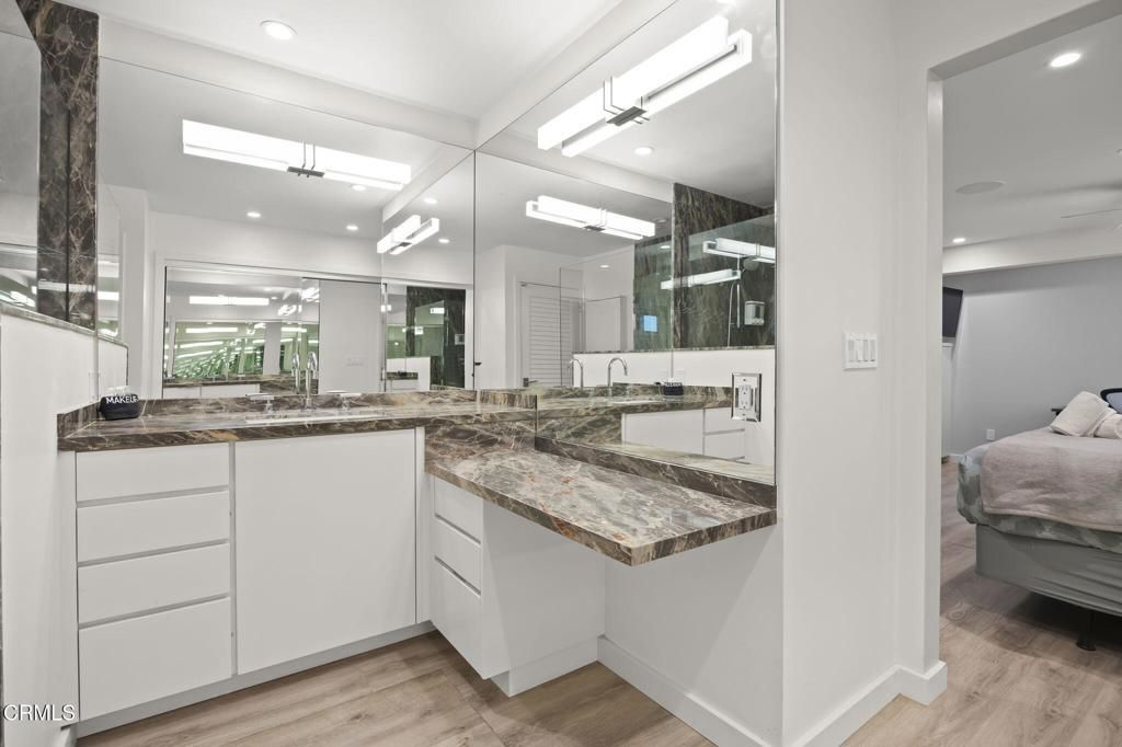 Bathroom, Dual Sink Vanities, Interior, Recessed Lighting, Wood Texture Flooring
